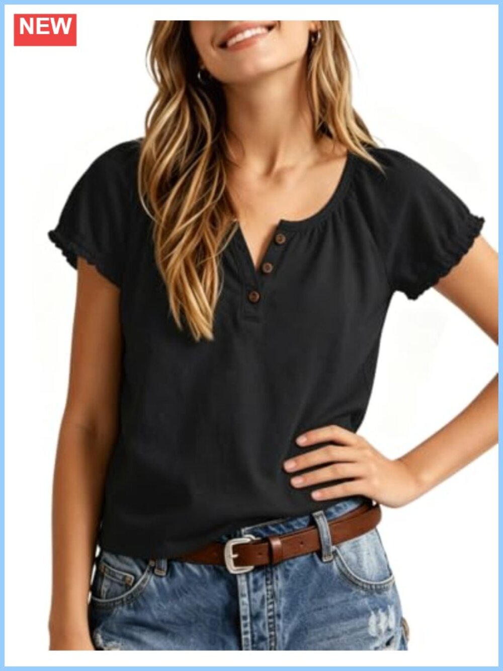 Ruffle Short Sleeve Half Button Henley Tee Cotton Micro Stretch Loose Fit